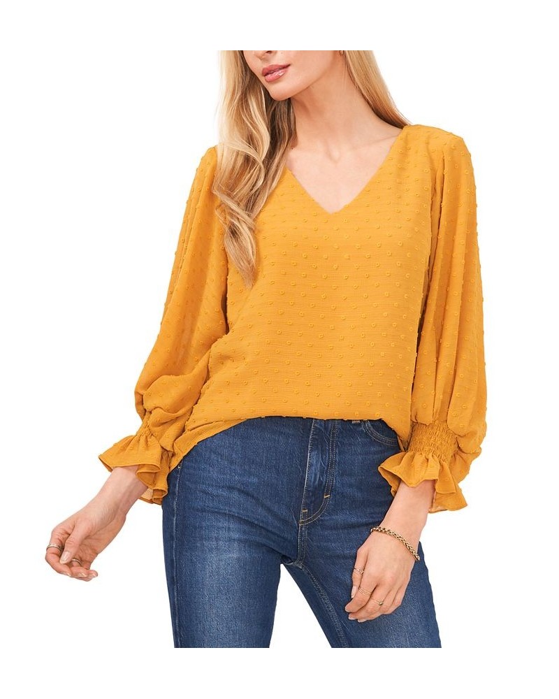 Women's Clip-Dot Smocked-Cuff Top Yellow $44.50 Tops