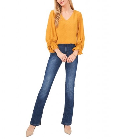 Women's Clip-Dot Smocked-Cuff Top Yellow $44.50 Tops