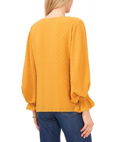 Women's Clip-Dot Smocked-Cuff Top Yellow $44.50 Tops