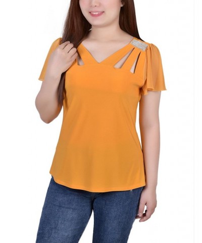 Petite Size Short Flutter Sleeve Top with Cutouts and Stones Yellow $15.36 Tops