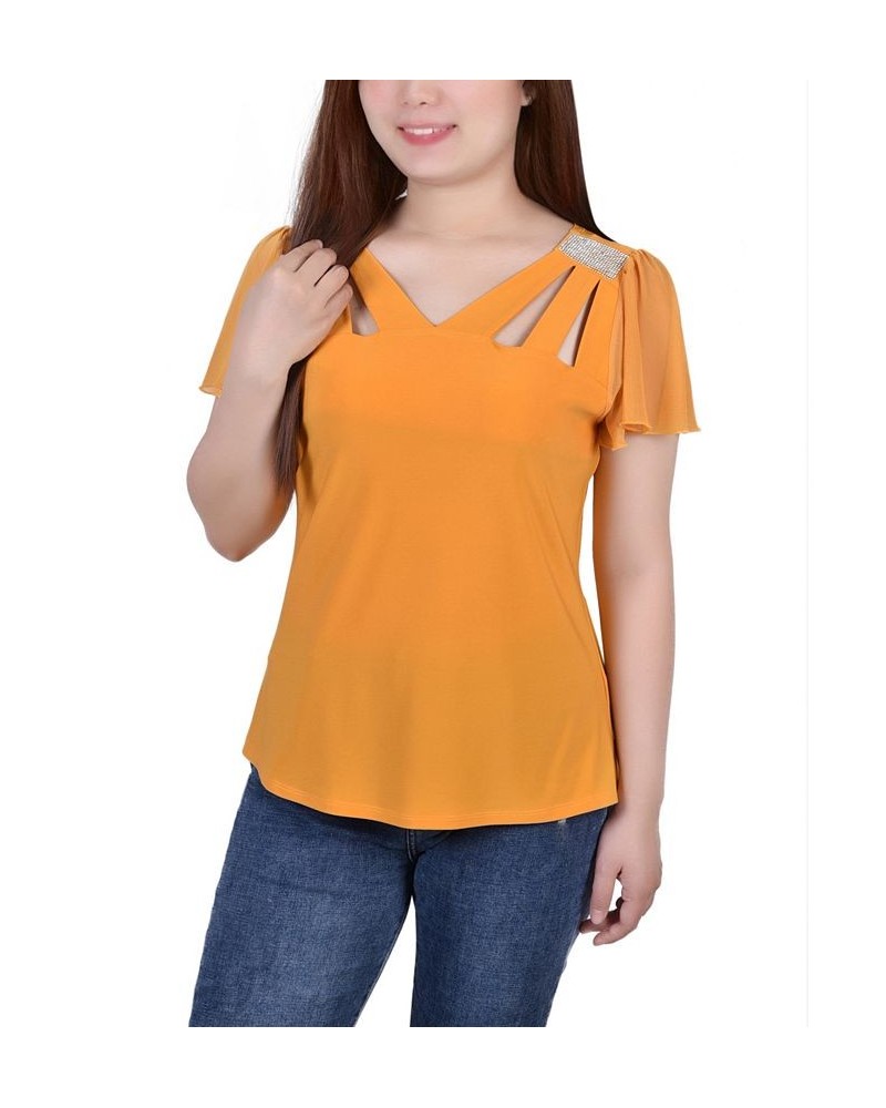 Petite Size Short Flutter Sleeve Top with Cutouts and Stones Yellow $15.36 Tops