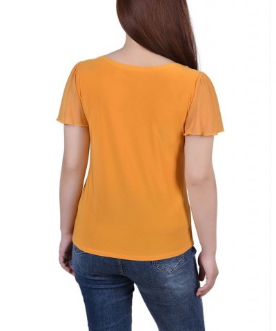 Petite Size Short Flutter Sleeve Top with Cutouts and Stones Yellow $15.36 Tops