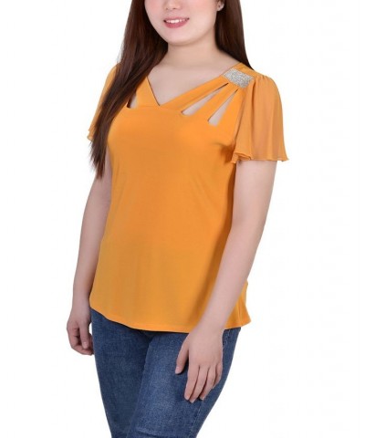 Petite Size Short Flutter Sleeve Top with Cutouts and Stones Yellow $15.36 Tops