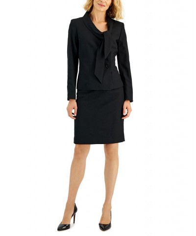 Crepe Tie-Collar Jacket & Pencil Skirt Regular and Petite Sizes Black $61.28 Suits
