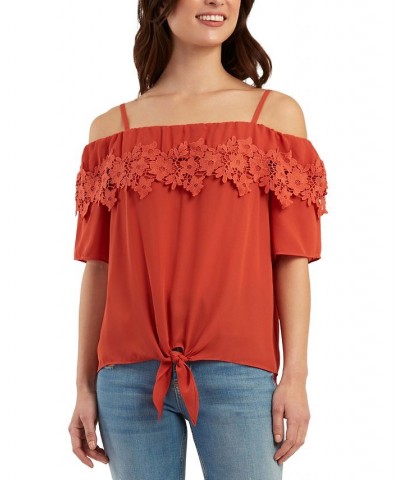 Juniors' Cold-Shoulder Embroidered-Trim Top Cinnamon $24.50 Tops