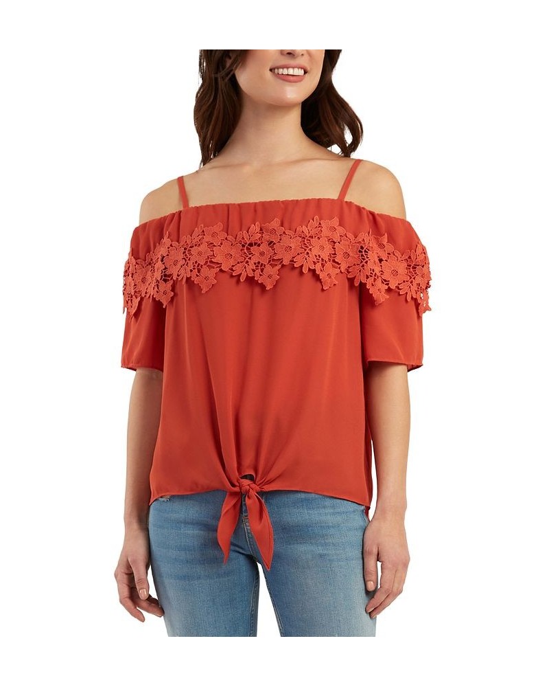 Juniors' Cold-Shoulder Embroidered-Trim Top Cinnamon $24.50 Tops