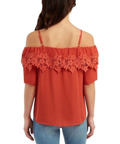 Juniors' Cold-Shoulder Embroidered-Trim Top Cinnamon $24.50 Tops