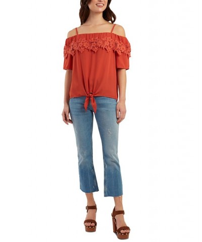 Juniors' Cold-Shoulder Embroidered-Trim Top Cinnamon $24.50 Tops