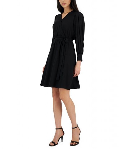 Women's V-Neck Pleated-Long-Sleeve Dress Black $33.23 Dresses