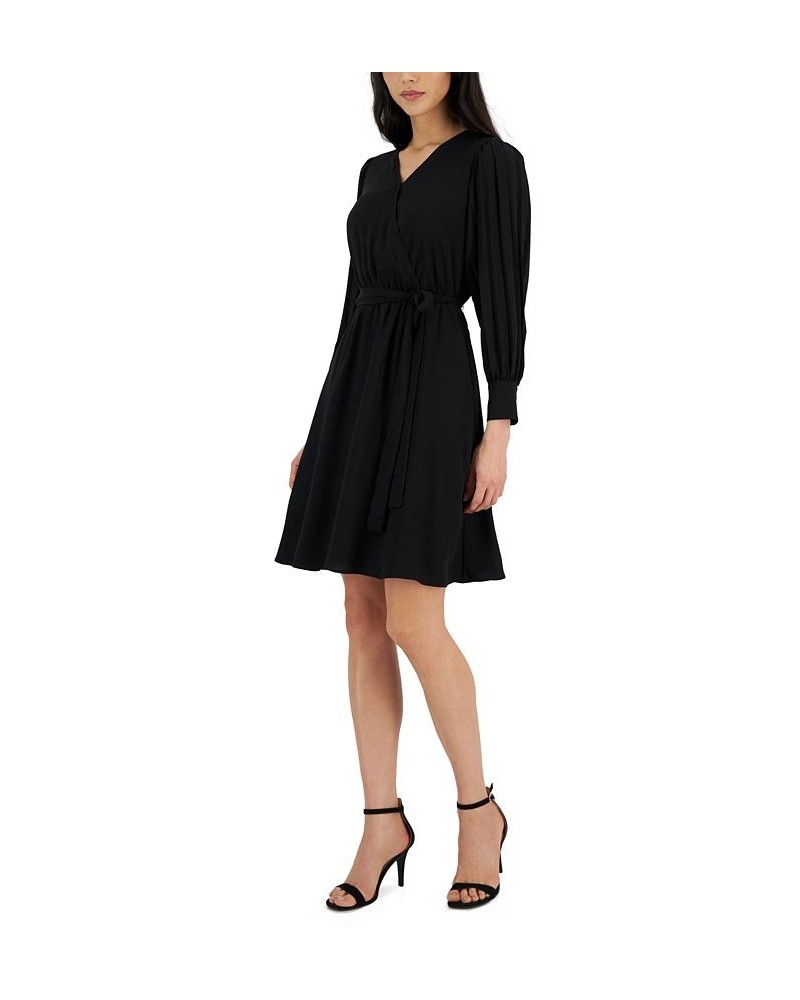 Women's V-Neck Pleated-Long-Sleeve Dress Black $33.23 Dresses