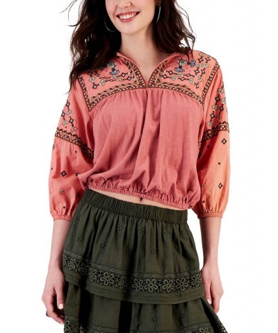 Women's Embroidered Bubble-Hem Peasant Top Pink $42.79 Tops