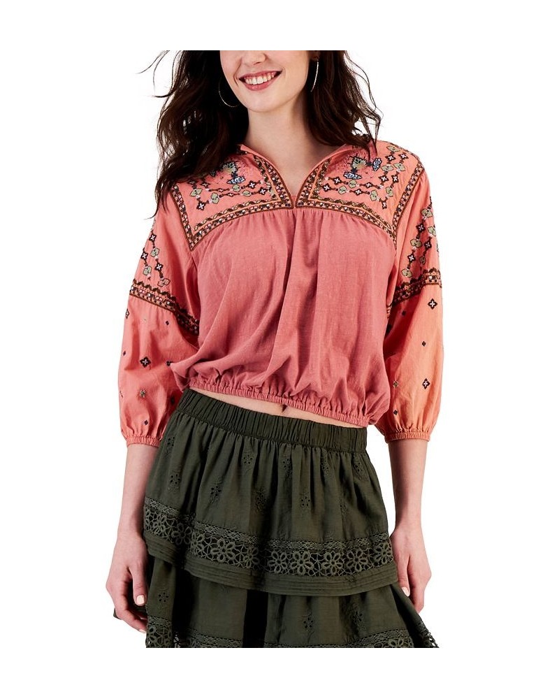 Women's Embroidered Bubble-Hem Peasant Top Pink $42.79 Tops