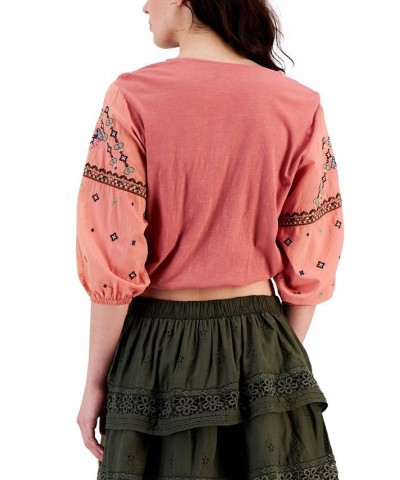 Women's Embroidered Bubble-Hem Peasant Top Pink $42.79 Tops