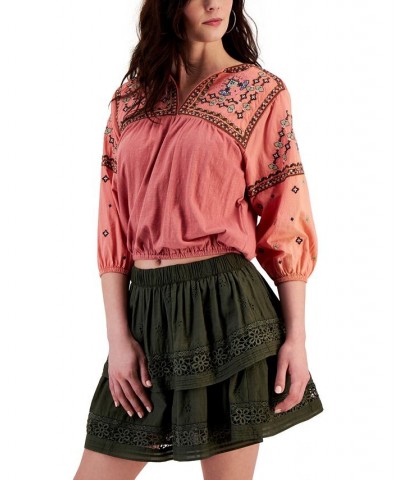 Women's Embroidered Bubble-Hem Peasant Top Pink $42.79 Tops