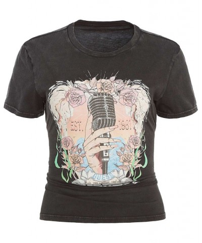 Women's Cotton Rocker Lace-Up Graphic-Print Tee Jet Black Multi $28.29 Tops