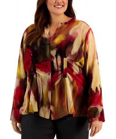 Plus Size Printed Button-Up Long-Sleeve Top Cranberry Multi Combo $37.85 Tops