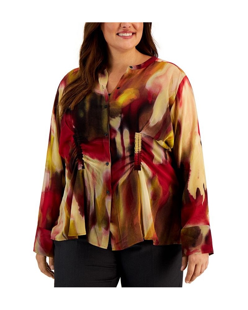 Plus Size Printed Button-Up Long-Sleeve Top Cranberry Multi Combo $37.85 Tops