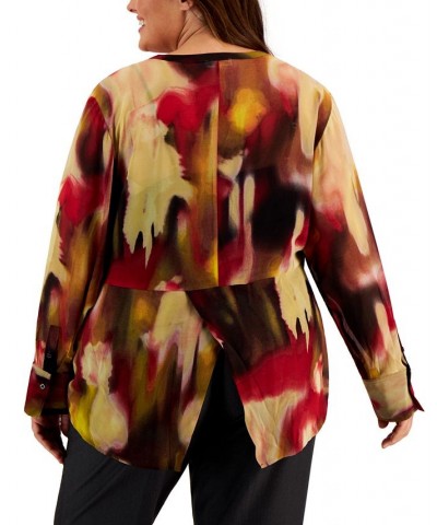 Plus Size Printed Button-Up Long-Sleeve Top Cranberry Multi Combo $37.85 Tops