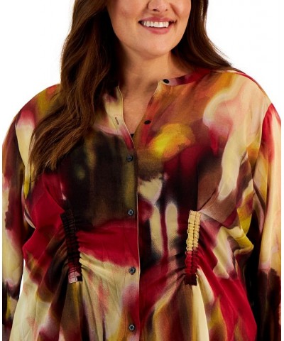 Plus Size Printed Button-Up Long-Sleeve Top Cranberry Multi Combo $37.85 Tops