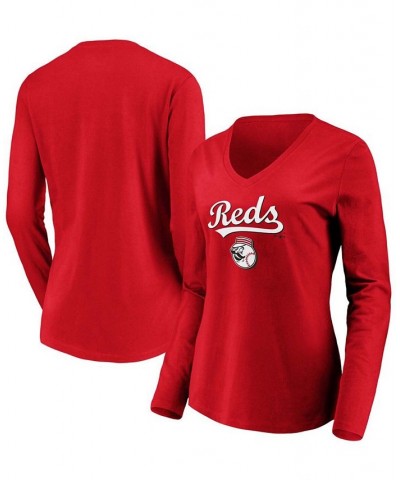 Women's Red Cincinnati Reds Core Team Lockup Long Sleeve V-Neck T-shirt Red $21.15 Tops