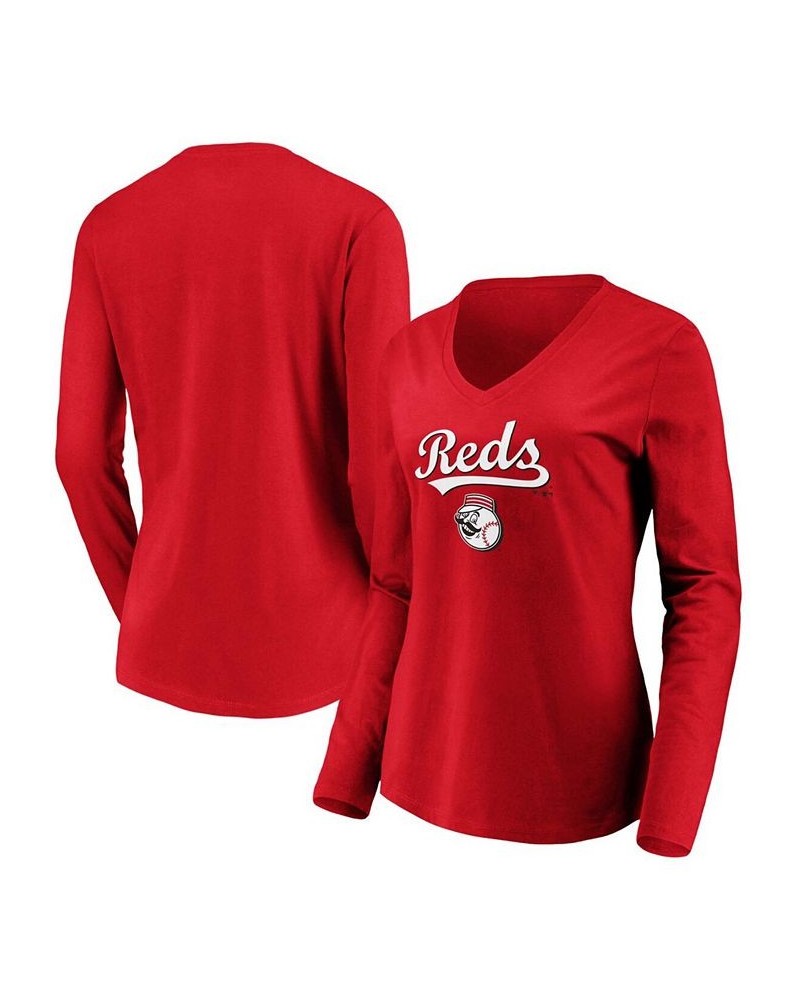 Women's Red Cincinnati Reds Core Team Lockup Long Sleeve V-Neck T-shirt Red $21.15 Tops