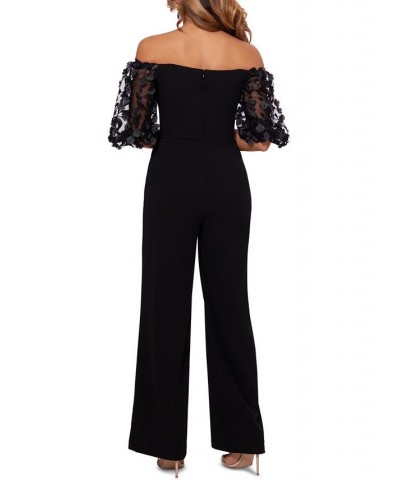 Petite Floral-Appliqué-Sleeve Jumpsuit Black $75.24 Pants