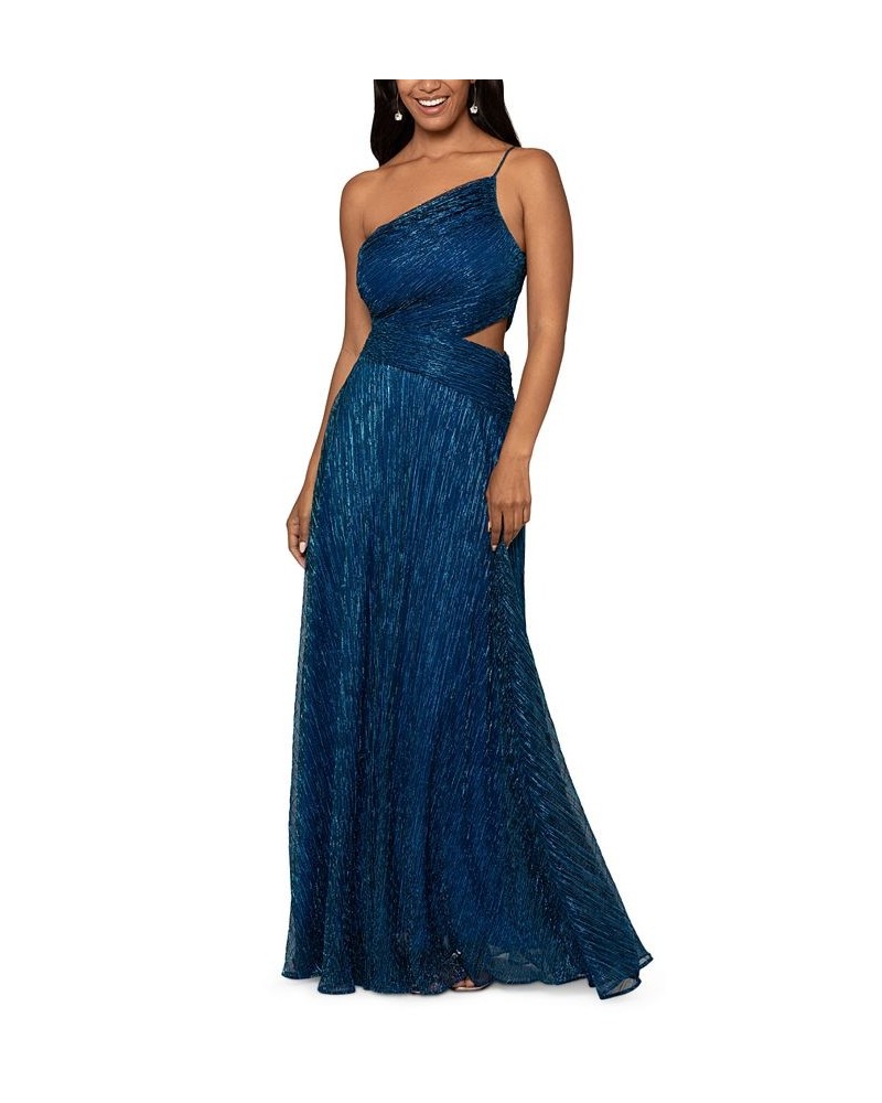 Women's One-Shoulder Cutout-Detail Metallic Long Dress Royal Turquoise $106.02 Dresses