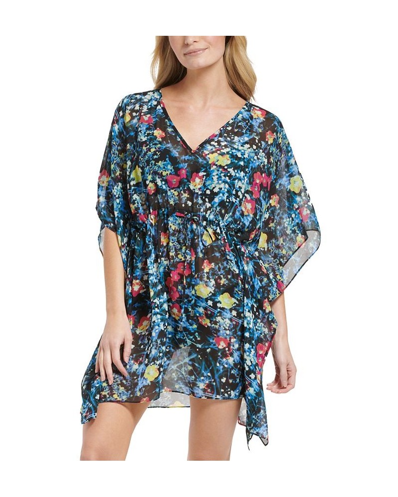 Women's Printed Drawstring-Front Kaftan Swim Cover-Up Digital Poppy Black Multi $48.40 Swimsuits