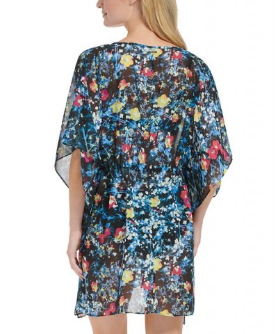 Women's Printed Drawstring-Front Kaftan Swim Cover-Up Digital Poppy Black Multi $48.40 Swimsuits