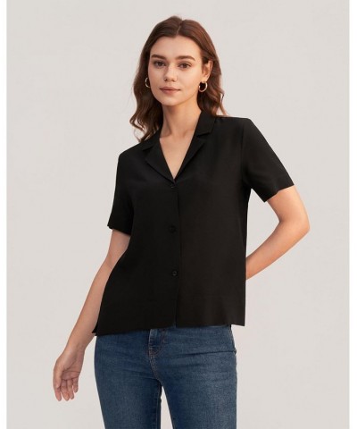 Women's V Neck Half-Sleeve Notch Silk Shirt Black $45.98 Tops