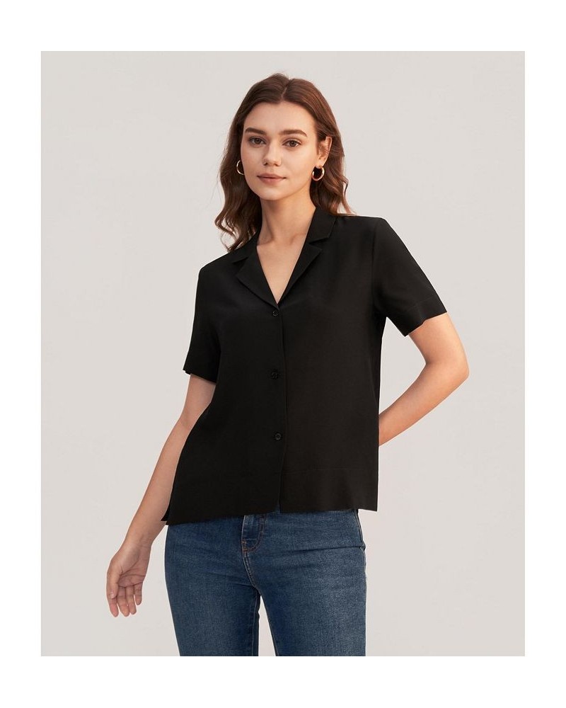 Women's V Neck Half-Sleeve Notch Silk Shirt Black $45.98 Tops