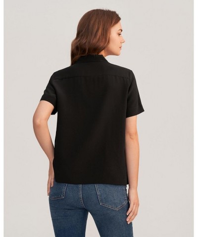 Women's V Neck Half-Sleeve Notch Silk Shirt Black $45.98 Tops