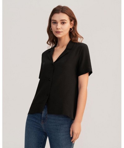 Women's V Neck Half-Sleeve Notch Silk Shirt Black $45.98 Tops