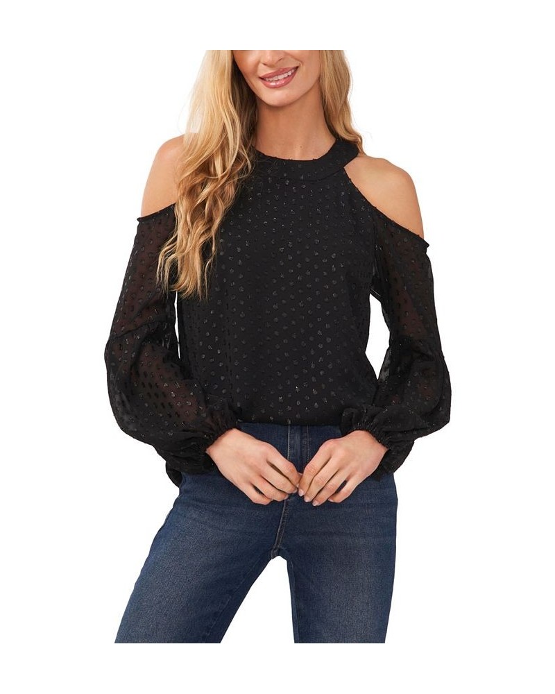 Women's Lurex Clip Dot Cold Shoulder Blouse Rich Black $41.58 Tops