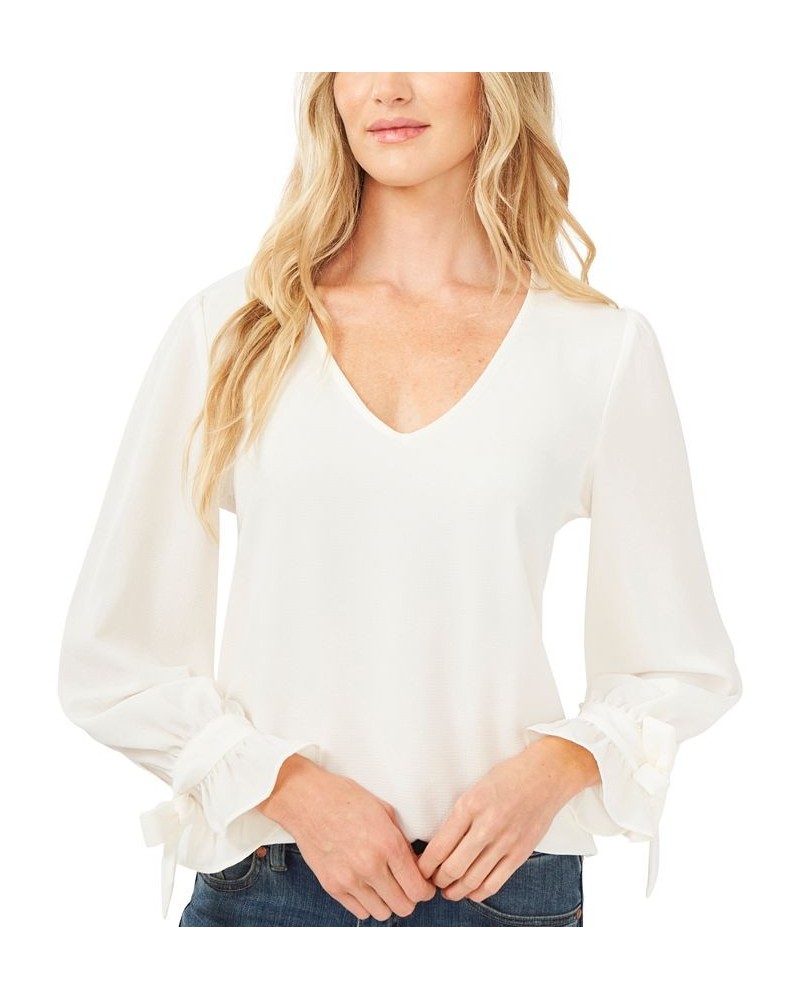 Women's Solid Long Sleeve V-Neck Tie-Cuff Blouse Soft Ecru $43.45 Tops