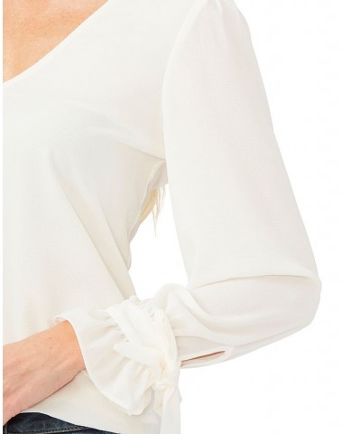 Women's Solid Long Sleeve V-Neck Tie-Cuff Blouse Soft Ecru $43.45 Tops