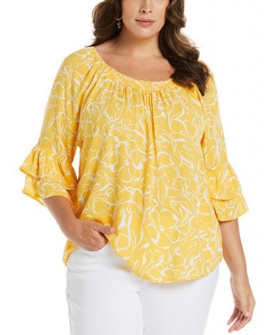Plus Size Smocked Ruffle Elbow Sleeve Top Amber Yellow $39.60 Tops