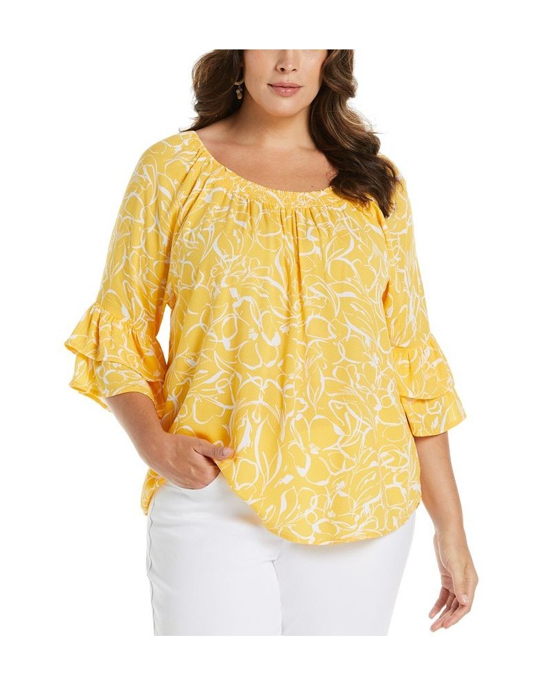 Plus Size Smocked Ruffle Elbow Sleeve Top Amber Yellow $39.60 Tops