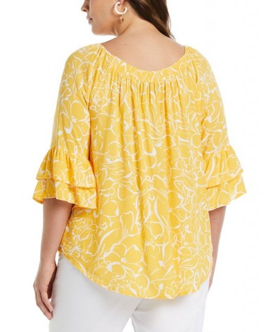 Plus Size Smocked Ruffle Elbow Sleeve Top Amber Yellow $39.60 Tops