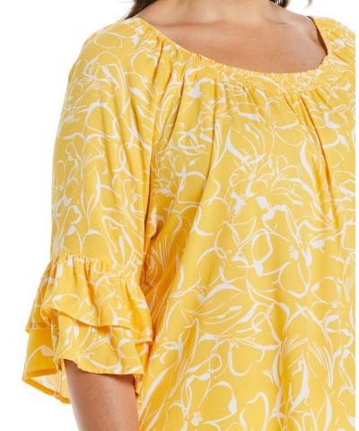 Plus Size Smocked Ruffle Elbow Sleeve Top Amber Yellow $39.60 Tops