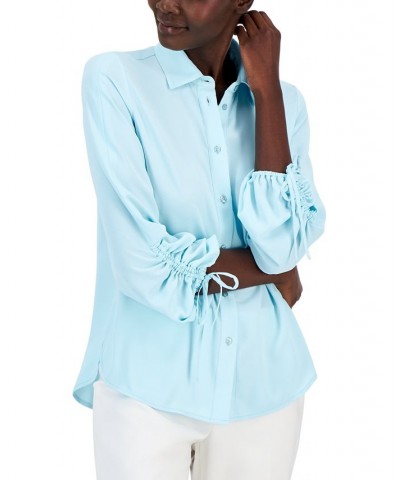 Women's Ruched-Sleeve Button-Down Shirt Blue $41.42 Tops