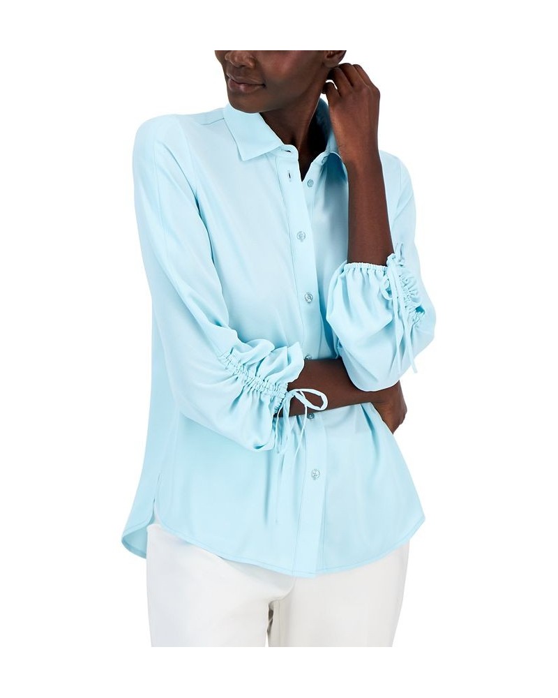 Women's Ruched-Sleeve Button-Down Shirt Blue $41.42 Tops