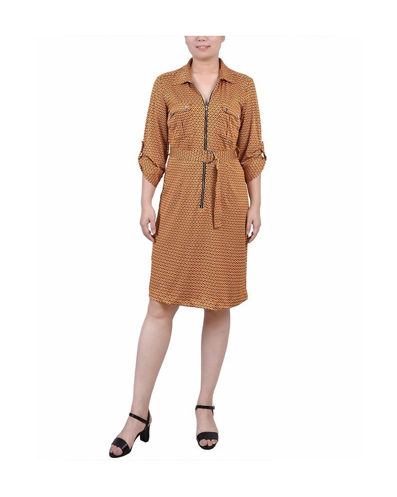 Petite Belted Roll Tab Zip Front Shirtdress Golden-Tone Black Lil Elle $15.54 Dresses