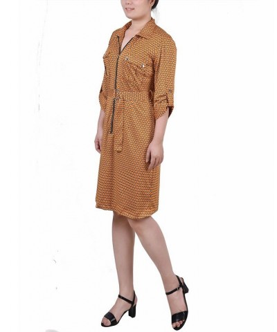 Petite Belted Roll Tab Zip Front Shirtdress Golden-Tone Black Lil Elle $15.54 Dresses