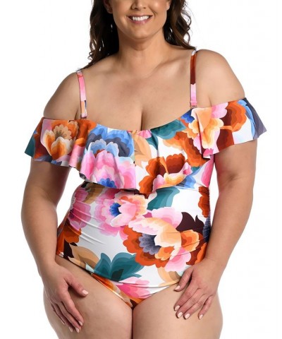 Plus Size Floral Rhythm Off-The-Shoulder Ruffle One-Piece Swimsuit Floral Multi $62.35 Swimsuits