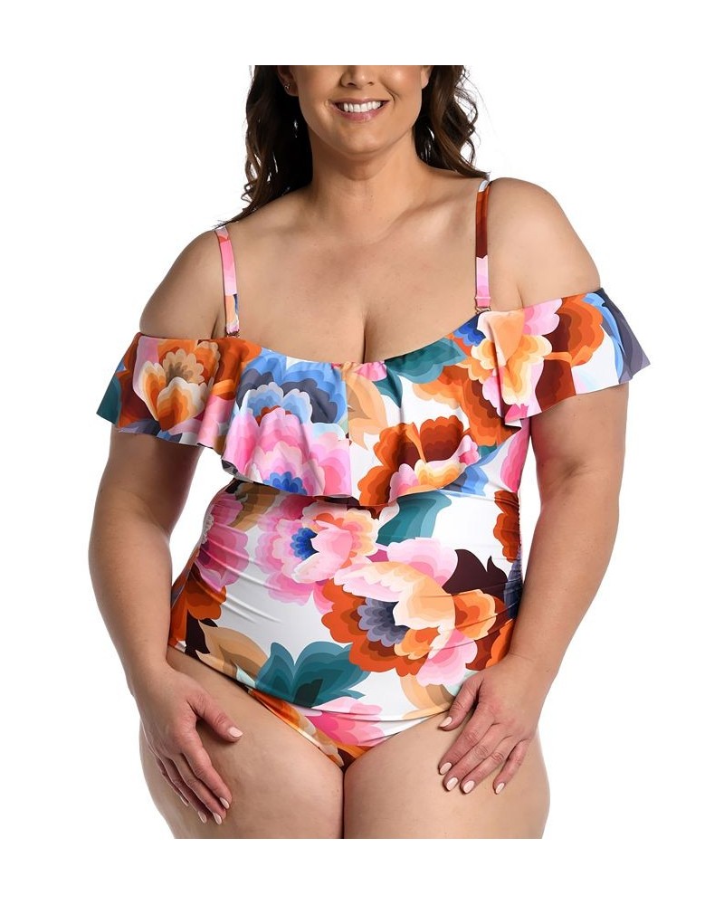 Plus Size Floral Rhythm Off-The-Shoulder Ruffle One-Piece Swimsuit Floral Multi $62.35 Swimsuits