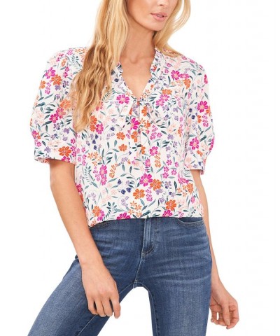 Women's Floral-Print Tie-Neck Puff-Sleeve Top White $29.27 Tops