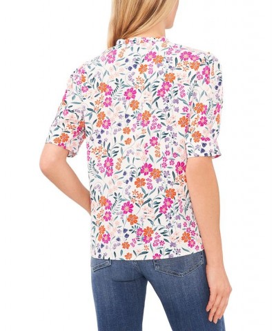 Women's Floral-Print Tie-Neck Puff-Sleeve Top White $29.27 Tops