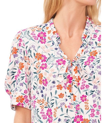 Women's Floral-Print Tie-Neck Puff-Sleeve Top White $29.27 Tops