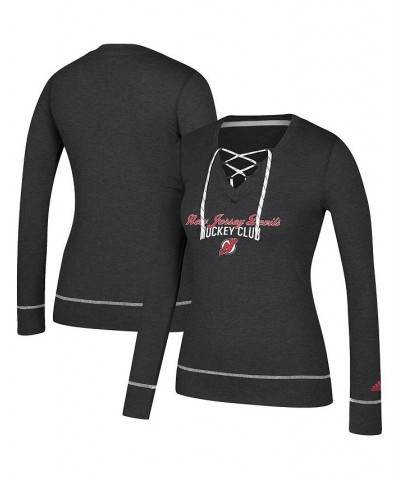 Women's Heathered Black New Jersey Devils Skate Through Long Sleeve Lace-Up V-Neck T-shirt Heathered Black $26.23 Tops
